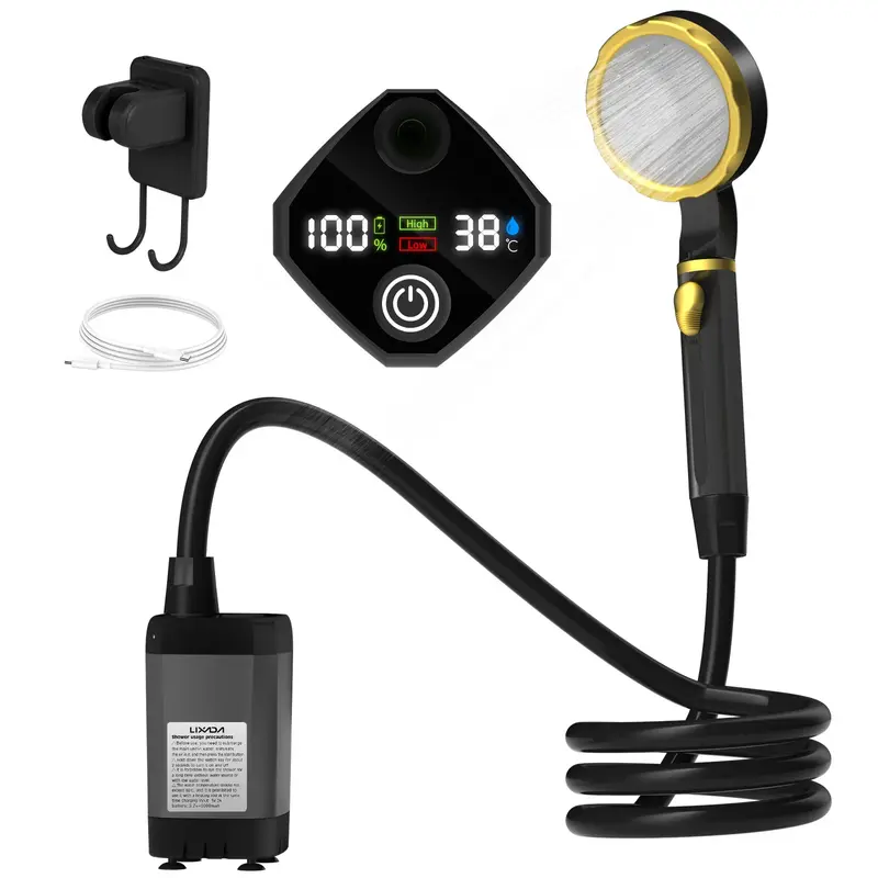 Draagbare campingdouche 6000mAh met display – grijs