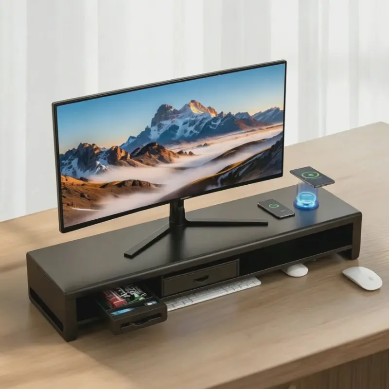 Monitor Riser Stand met USB Docking Station & Draadloze Oplader - Bureau Organizer
