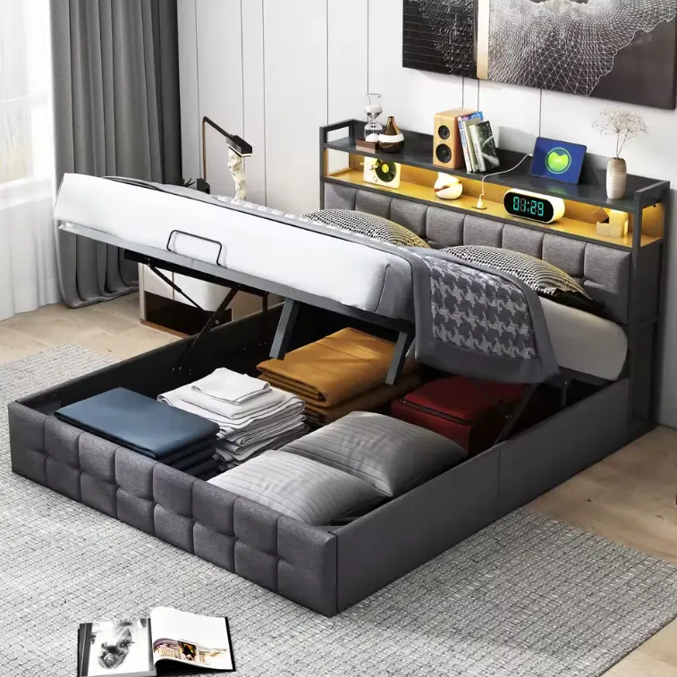 Multifunctioneel Dubbel Bed met LED, USB, Hydraulische Opbergruimte