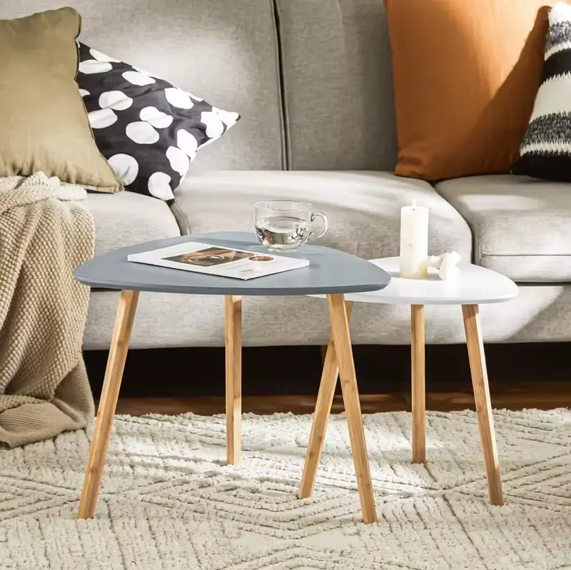Set van 2 Bijzettafels – Lichtgrijs / Wit & Bamboe, Modern en Functioneel